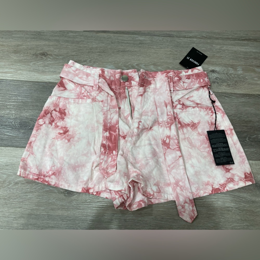 Forever 21 Pink High Waist Shorts with Tie-Dye Effect and Tie in the Front Small
